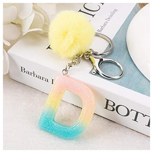 Nyckelring 1 st nyckelring regnbågefärg engelska brev nyckelring med puffer boll 26 engelska ord glitter harts A till q handväska charm för kvinna
