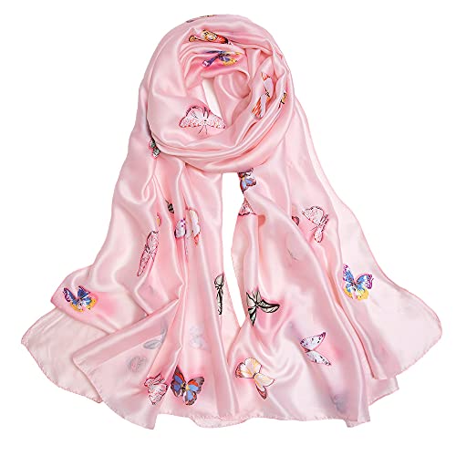 Nasoperfect Silk Feeling Scarf Large Headscarf Fashion Butterfly Pattern Hair Wraps Soft Neck Scarves For Women Pink 70" X 35" #TOP4
