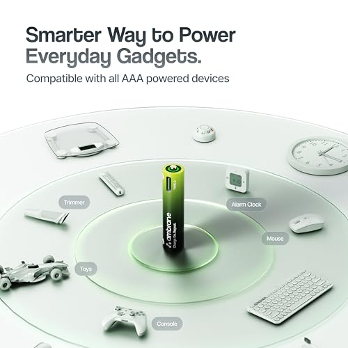 Image of Ambrane AAA Type C Rechargeable Batteries, Pack of 2, 740mAh Lithium Ion Battery, Charge with Any Type C Cable & Adapter, No Separate Charger Required, Save Environment & Money (Reneo, Green)