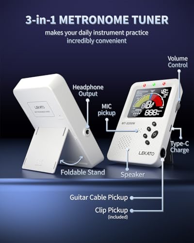 Metronome Tuner, Rechargeable 3 In 1 Digital Metronome with Vocal Count, Tone Generator Tuners for Guitar, Bass, Violin, Ukulele, Chromatic, Clarinet, Trumpet, Flute, All Instruments, White by LEKATO