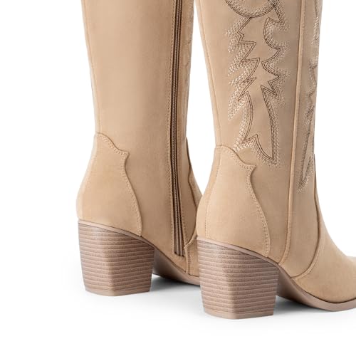 Image of DREAM PAIRS Womens Cowboy Boots Wide Calf Comfortable Pull On Zipper Chunky Heel Pointed Toe Embroidered Western Cowgirl Knee High Boots Ladies Retro Tall Boot