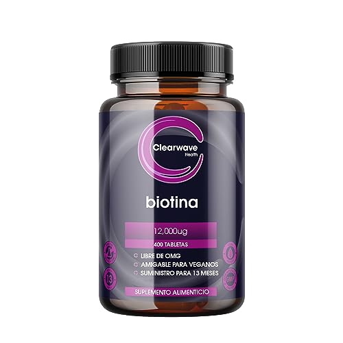 Suplemento de biotina para el crecimiento del cabello - Alta resistencia 12,000 mcg - 400 tabletas (suministro para 13 meses) - Vegano - Fabricado por Clearwave Health