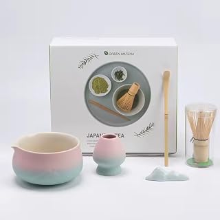 Matcha Whisk Set, Matcha Set, Matcha Kit for Ceremony, Matcha Tea Set for Making Breakfast/Latte, Ceramic Matcha Bowl(chawan) whith Spout and Whisk, Gift for Friends (Pink)
