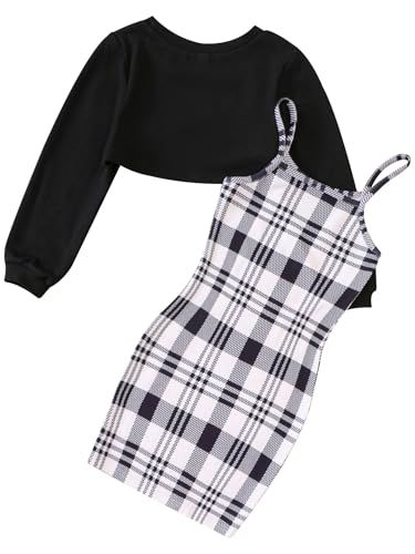 Kids Girls Two Piece Clothes Set Plaid Bodycon Cami Dress with Long Sleeve Crew Neck Crop Sweatshirt2