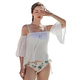 [RAVIR] 【ラヴィール】水着 レディース 体型カバー ビキニ 3点セット 女性用水着 バンドゥ オフショル ホワイト Sサイズ