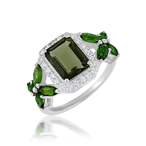 Bague en moldavite ronde oxyde de zirconium pierre verte 9x7 mm