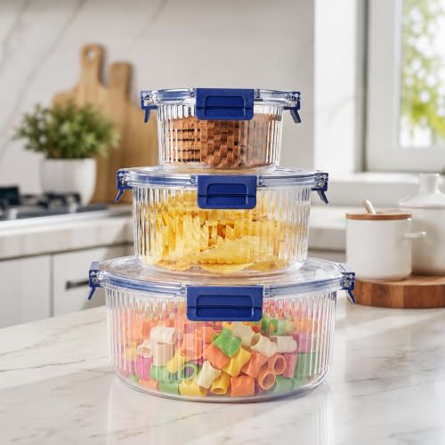 Image of Kmils Plastic Air Tight Container Set for Kitchen Storage | Clear Round Food Containers with Airtight Lock Lids | Fridge Storage Containers for Fruits, Vegetables & Herbs (400ml, 800ml, 1600ml)