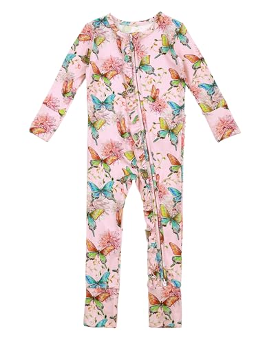 Image of EASWEET Bamboo Viscose Baby Girl Footless Pajamas Ruffled Baby Sleepers with 2 Way Zipper