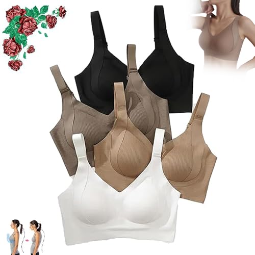 Floralshe Brasier, Floralshe Bra, Women's Solid Color Four Rows Adjustable Wireless Bra Full Coverage Ribbed Bralettes