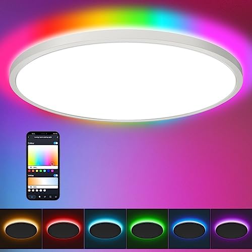 Aphyni Smart LED Ceiling Light 2400LM Brighter, Compatible with Alexa Google Home, 12 Inch 24W 3000-6500K Dimmable Thin RGB Ceiling Light WiFi for Bedroom, Living Room, Kids Room, Tuya/Smart Life APP