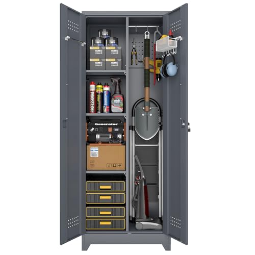 Broom Closet Storage Cabinet, Steel Locking Cabinet with Hanging Rod, 65″ Cleaning Storage with Doors and Hooks, Tall Broom Tool Cabinets for Office, Garage