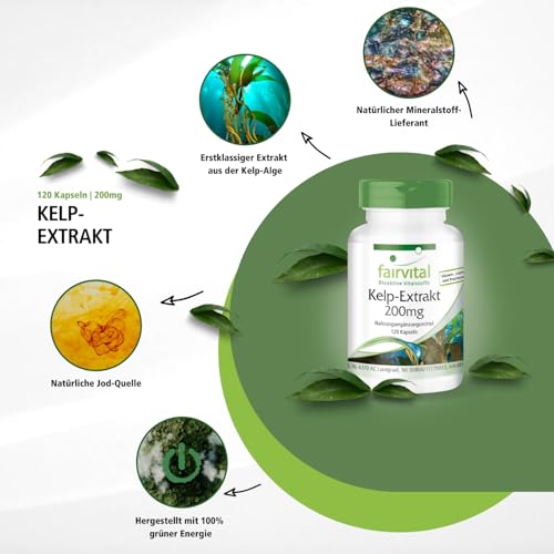 fairvital Kelp Extrakt 200mg, HOCHDOSIERT, vegan, 120 Kapseln, schluckfreundlich, 300µg Jod aus Braunalgen
