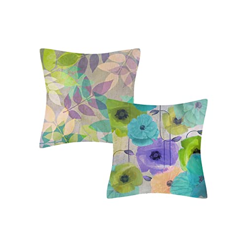 Fullfun Watercolor Floral Cushion Covers, Dense Linen Single Sided Print Leaves Throw Pillow Covers Decorative Throw Pillow Cover for Bedroom Sofa Chair 45cm x 45cm (2 Pack)