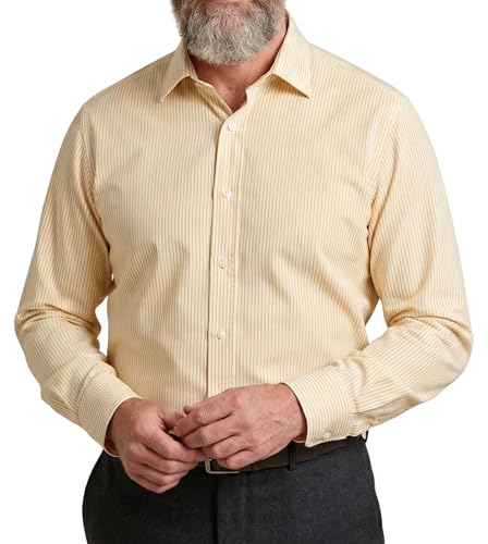 Image of Windsor Fine Stripe Formal Mens Dress Shirts, Regular Fit, Stripe Pattern, Traditional Tailoring, Easy Care Fabric by Janeo British Apparel. (New Lemon, 16.5 in, Single Cuff)