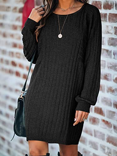 Anrabess Women's Pullover Sweater Dress Long Batwing Sleeve Crew Neck Ribbed Knit Casual Relaxed Fit Mini Dress 600Heise-S Black #TOP1