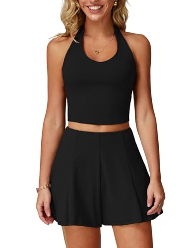 Women 2 Piece Tennis Skirt V Neck Tank Top with High Waisted Skirt Yoga Golf Outfit with Built-in Bra Shorts & Pockets