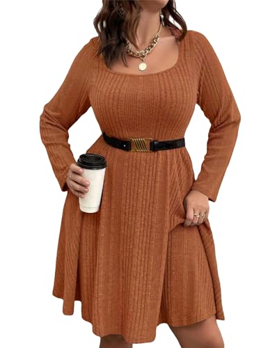 Image of Women's Plus Size Casual Sweater Dress Square Neck Long Lantern Sleeve Tie Waist Loose Pullover Sweater Dresses