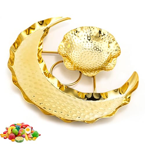 Bandeja Ramadán, decoración de Ramadán, luna, estrella, bandeja para servir, Eid Mubarak, plato de postre de materiales metálicos estables, decoración de mesa de Ramadán, vajilla para dulces y