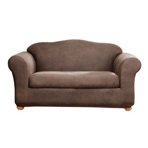 SureFit Home Décor Stretch Leather Box Cushion Sofa Two Piece Slipcover, Form Fit, Polyester/Spandex, Machine Washable, Brown Color