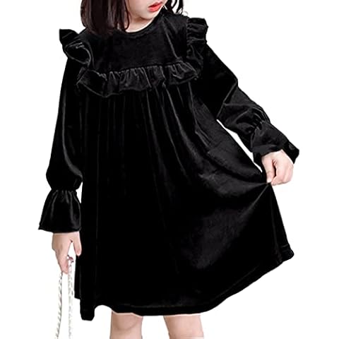 Remimi Girls Velvet Dresses Flutter Long Sleeve Vintage Holiday Party Dress 5-12 Years, Black, 5-6 Years Cover