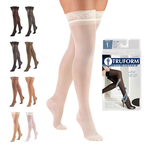 Image of Truform Sheer Compression Stockings, 15-20 mmHg, Women's Thigh High Length, 20 Denier, Ivory, Large
