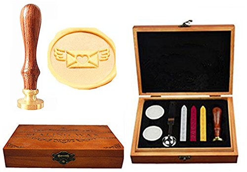 Sceau de cire avec boîte en bois vintage et motif ailes pour lettres