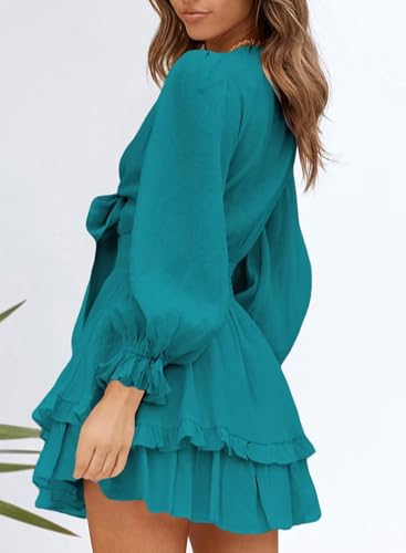 Image of Dokotoo Womens Casual Spring Fall 2025 Deep V Neck Knotted Tiered Chiffon Elegant Mini Short Swing Skater Dresses