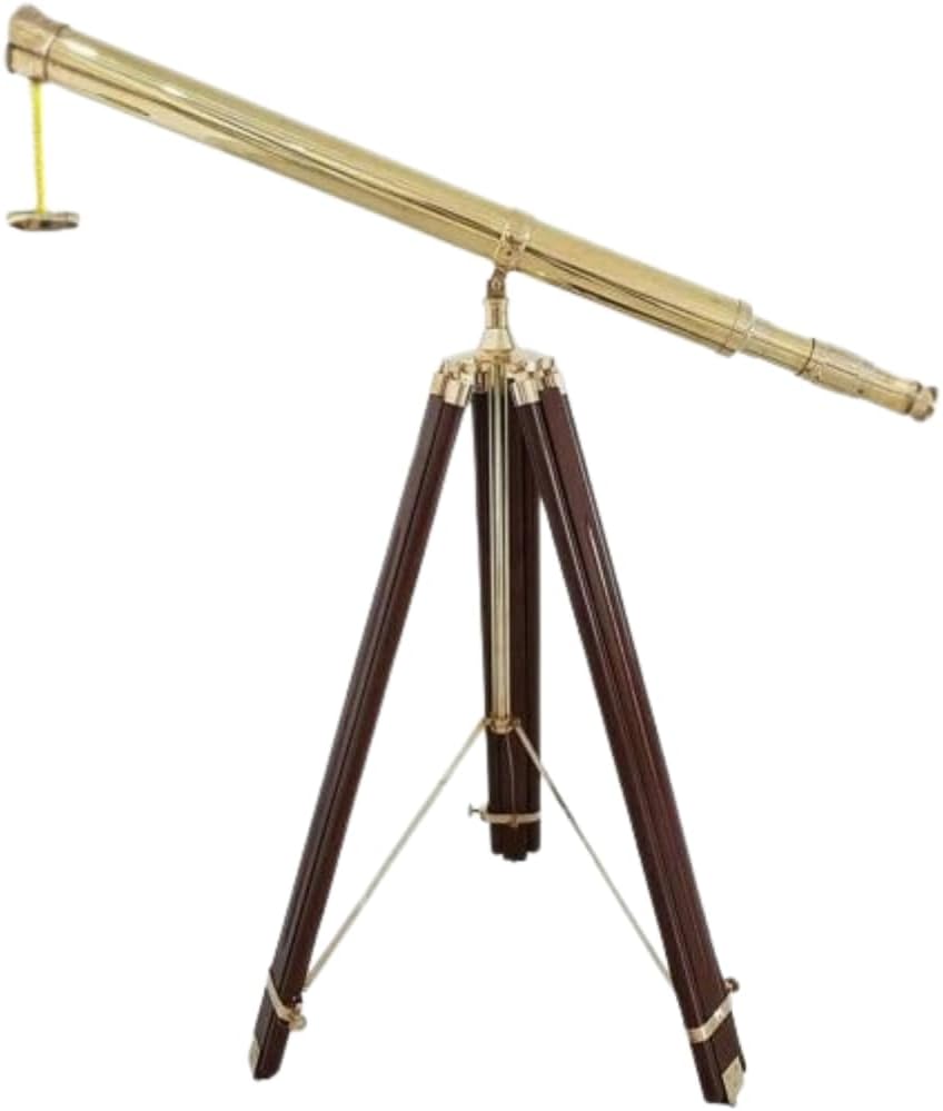 Antique Golden Floor Standing Brass Telescope with Wooden Tripod Stand, 39 Inch