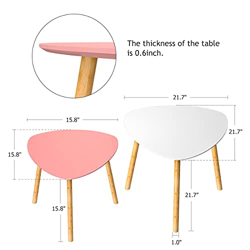 Bambloom Bamboo Nesting Coffee Tables - Small Coffee Table For Living Room, Set Of 2 Triangle End Table Modern Side Table For Bedroom Apartment Balcony Yard Small Spaces, (White & Pink) #TOP6
