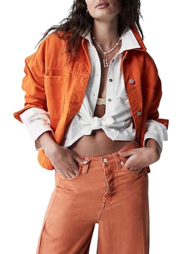 loveimgs Women Baggy Button Down Distressed Jean Jacket Boyfriend Long Sleeve Denim Jacket Pockets Lapel Jeans Trucker Coat