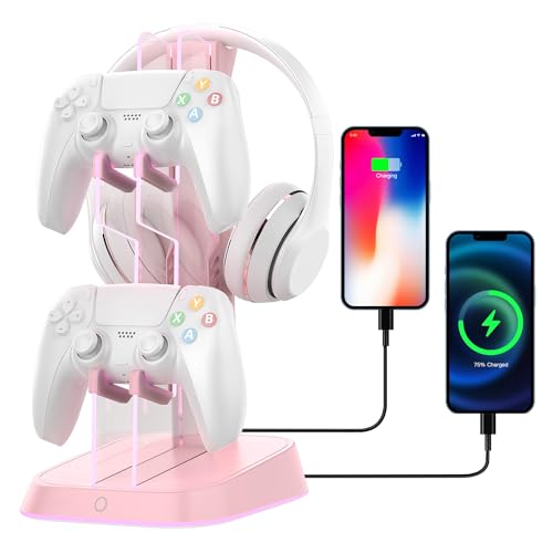 Xbox Controller Stand & Holder with RGB Lights,Transparent Charging Station & USB Dock for Xbox Series X/S Game Controllers (Pink)