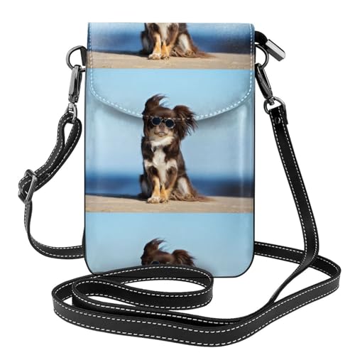 Pochette téléphone Chihuahua drôle petit sac bandoulière et portefeuille cuir PU femme