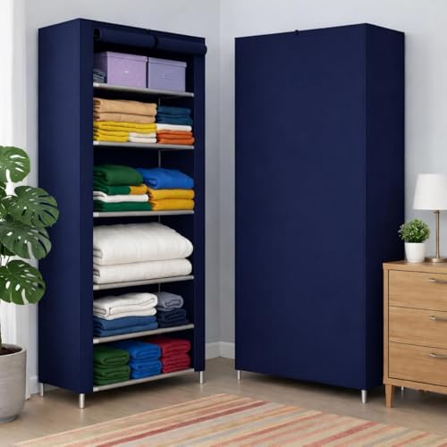 Image of YouCopia Foldable Fabric Wardrobe Closet with Shelves & Zipper Cover - Portable Storage Organizer Cabinet for Clothes, for Bedroom & Home Storage (Blue, 6 Tier)