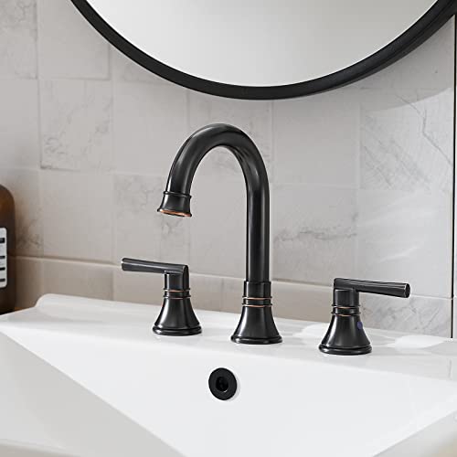 Bathlavish Oil Rubbed Bronze Bathroom Faucets For Sink 3 Hole 360 Swivel Spout 8 Inch Widespread Farmhouse Lavatory Vanity With Pop Up Drain With Overflow High Arc 2 Handle Vintage #TOP1