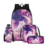 YEXIATODO White Cat Kids Backpack and Lunch Box Set Boys Girls 8-12 Preschool Lightweight Elementary Bookbag for Kids Daypack School Bag for Back To School Season Birthdays Gift