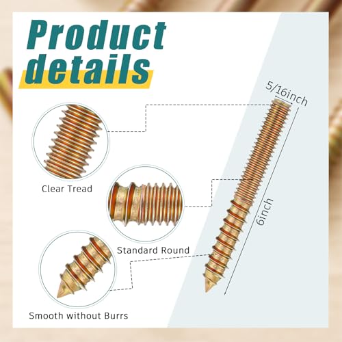 Image of Hicarer 20 Pack 5 /16-18 x 6 Inch Hanger Bolts Double Headed Bolts with Driver Self Tapping Screw Threaded Rod Screws for Furniture Double Headed for Wood Furniture Joint