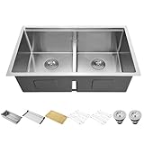 Le Bijou Collection 32 Inch Workstation Undermount 32 x19 Inch Double Bowl 16 Gauge Stainless Steel Handmade Low Divide Kitchen Sink with Integrated Ledge and Accessories