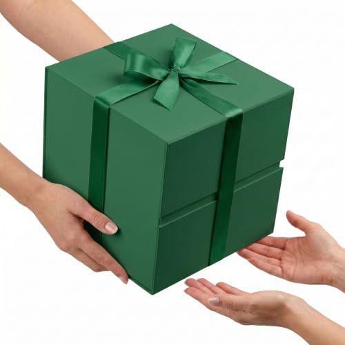 Image of LIFELUM Dark Green Square Gift Box 10.2 x 10.2 x 10.2 inch, 1 Pack Magnetic Gift Box with Lid, Shredded Filler, Card, Ribbon for Birthday, Christmas, Wedding