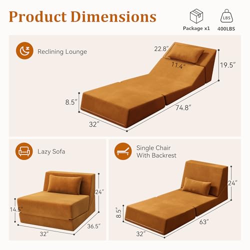 KAPEETOO Fold Out Chair Bed, Folding Sofa Bed, 3 in 1 Convertible Sleeper Chair Bed for Nap, Transformable Sofa Bed for Apartment,Dormitory,Bedroom(Yellow) by KAPEETOO - Used condition - Image 2