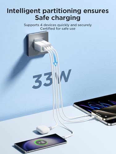 USB Plug Charger, 4-Port USB Fast Charger Plug with 33W Intelligent Quick Charge 3.0 Wall Charger, Multi USBPower Adapter UK Fast Charging for iPhone 15 14 13 Pro Max X 8 7 6,Samsung S21 S20 S10 S9