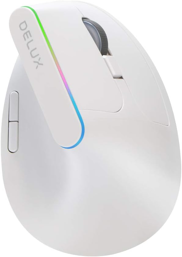DeLUX Ergonomic Mouse Wireless, Vertical Mouse with 2.4G USB Receiver, 6 Buttons, 1600DPI, RGB Light, Ergo 57-degree Design for Carpal Tunnel, for PC/Laptop/Mac (M618C-White)