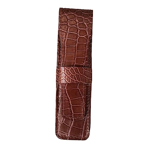 Handmade Brown Alligator Pen Case, Alligator Pen Holder, Genuine Leather Pen and Pencil Case with Tuck in Flap (Single Pen)