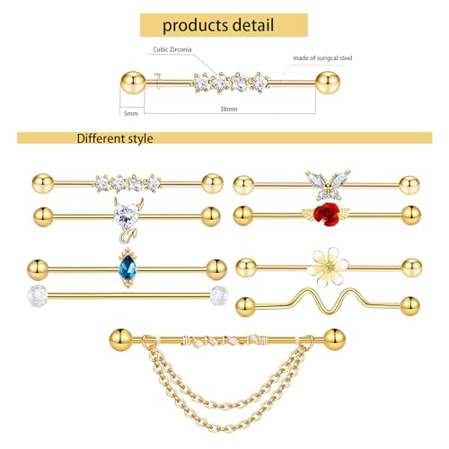Suotarn 9pcs Gold Industrial Piercing Jewelry 38mm Stainless Steel 14G Industrial Barbell Earrings Ear Cartilage Helix-Conch Piercing Bar 1 1/2 Inch (golden)3