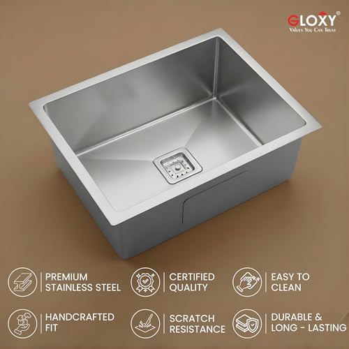 Image of Gloxy 304 Grade Stainless Steel Premium Kitchen Sink 24x18x9 Inches With Matte Finish - Handmade Kitchen SInk - Heavy Duty Sink with Coupling Pipe and Drain Basket - 3 Years Warranty
