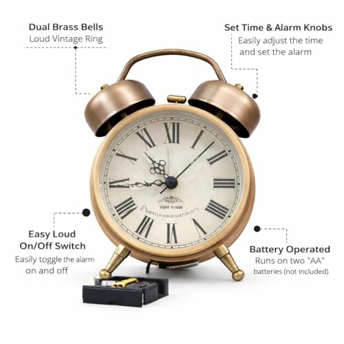 Image of AERYS Roman Metal 4.5-inch Analog Alarm Clock with 1Year Warranty,for Adults and Heavy Sleepers,Loud Twin Bell Table Clock with Backlight Alarm Clocks for Students Decoration Bedroom /Office(Copper)