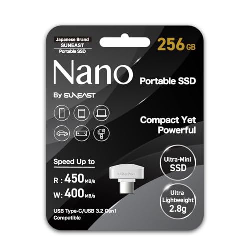 Image of SUNEAST Portable SSD Nano - 256GB, Ultra-Compact USB-C 3.2, External Solid State Drive | Read up to 450 MB /s, Write up to 400 MB /s, exFAT, 2.8 g, Works with iOS, Windows, macOS, Linux, Android | Read 450 MB /s, Write 400 MB /s, Ultra-Compact USB-C 3.2, exFAT, 2.8 g, Works with iOS, Windows, macOS, Linux, Android