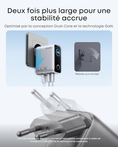 Anker Chargeur Bloc USB-C 100 W Max 3 Ports, Adaptateur Mural GaN et Ultra-Compact, écran Intelligent et Contrôle Tactile, pour MacBook, iPad, iPhone séries 17/16 et Plus
