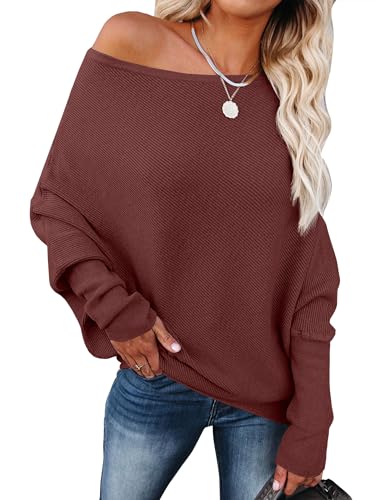 Image of ANRABESS Womens Off Shoulder Sweaters 2026 Fall Long Batwing Sleeve Loose Fit Knit Tops Casual Pullovers Jumpers