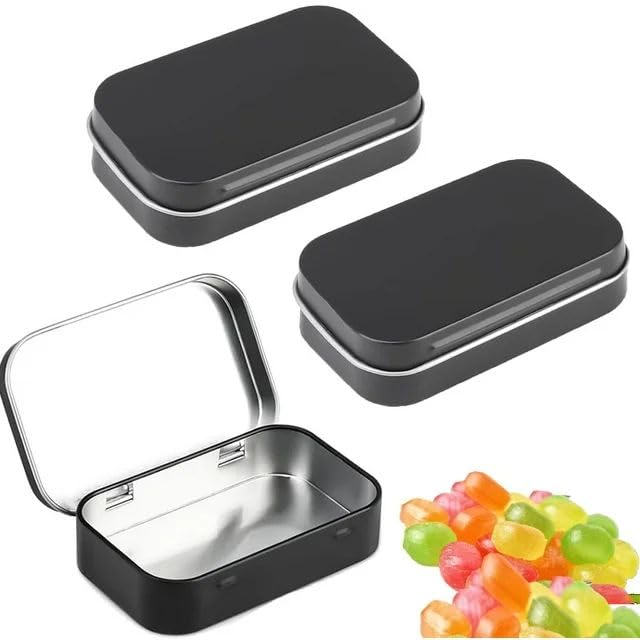 3 Pcs Black Portable Rectangular Small Tins with Lids Tin Boxes, 3.7 x 2.4 x 0.86 Inches Tins Container Metal Empty Hinged Tin Storage Boxes for Candy Key Earrings Food Storage