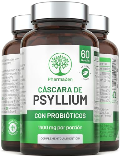 Cáscara de Psyllium con Probióticos - 99% Pureza - 60 Cápsulas - 1400 mg de Psyllium Husk y 60 Mil Millones de Probióticos para Digestión - Rico en Fibra - Plantago Ovata Psilio de Alta Concentración